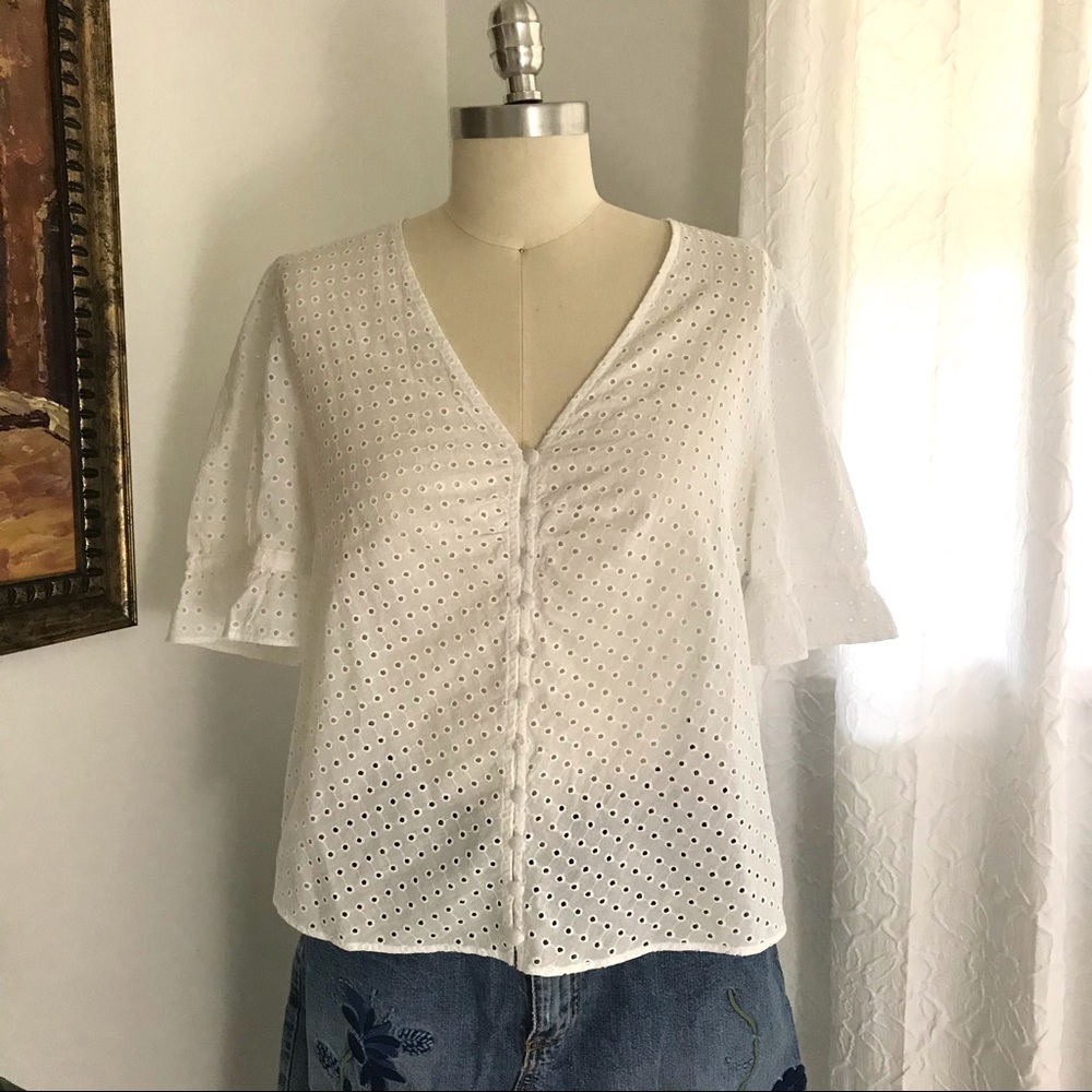 Madewell Button Front Eyelet Ruffle Sleeve Blouse